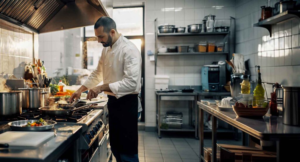 Kokki kokkaa ruokaa ravintolan keittiössä.