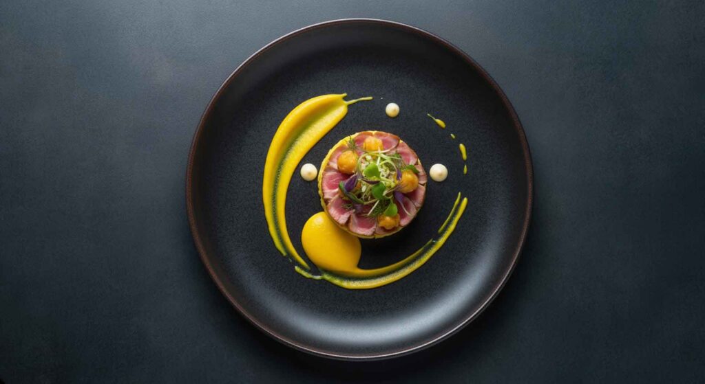 Taiteellinen ruoka, tummansininen lautanen, jossa on taiteellisesti aseteltu ruoka keltaisella kastikkeella
